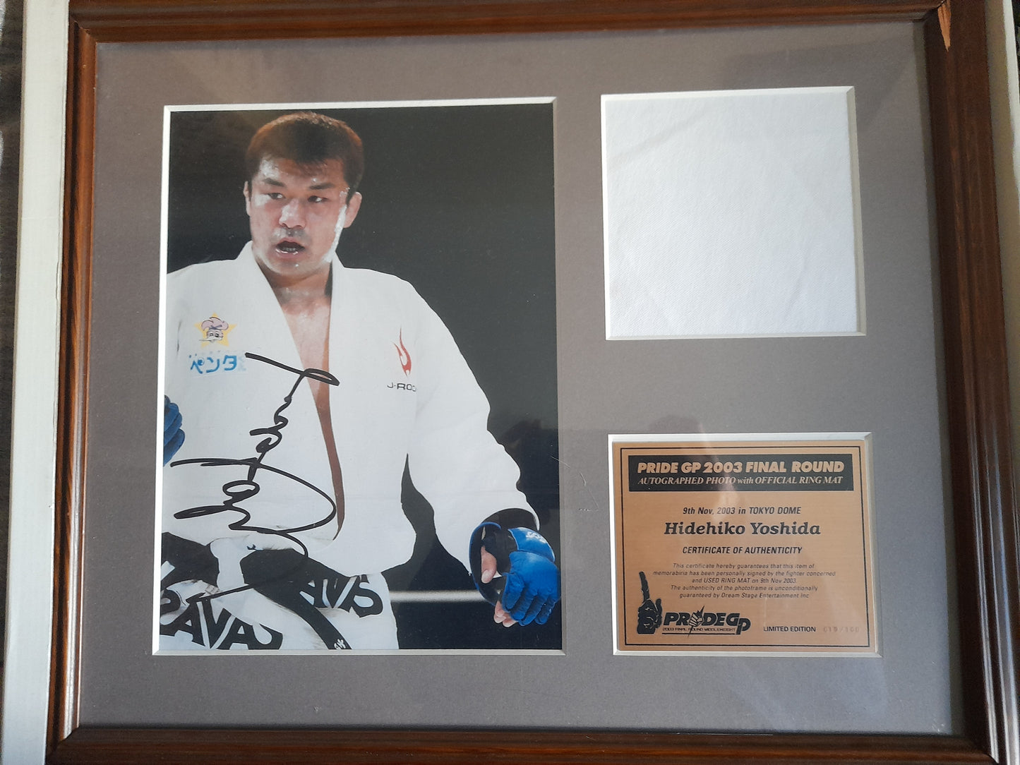 Pride FC 2003 Grand Prix Framed Ring Mat Canvas Piece with Signed Photo - Hidehiko Yoshida