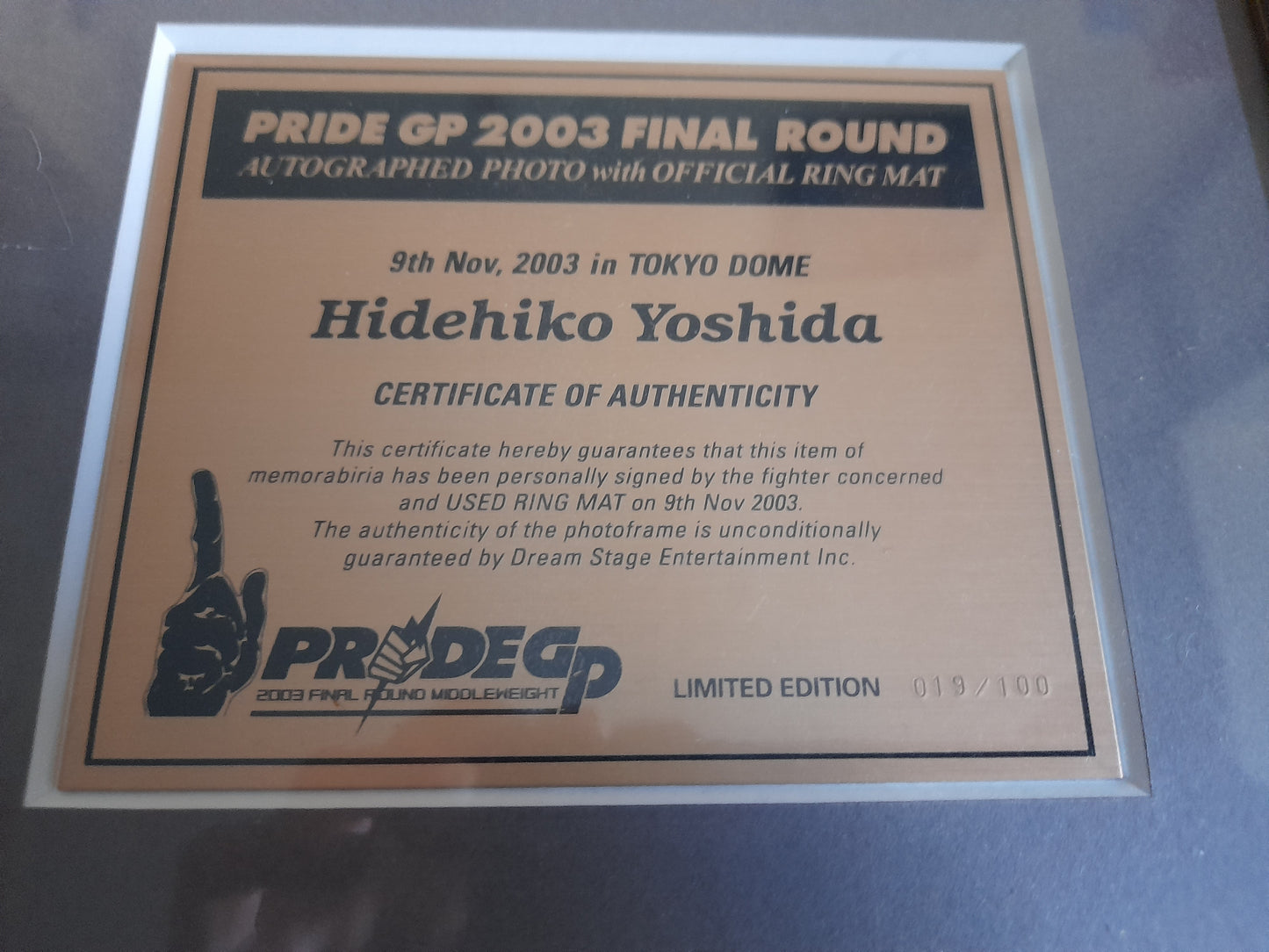 Pride FC 2003 Grand Prix Framed Ring Mat Canvas Piece with Signed Photo - Hidehiko Yoshida