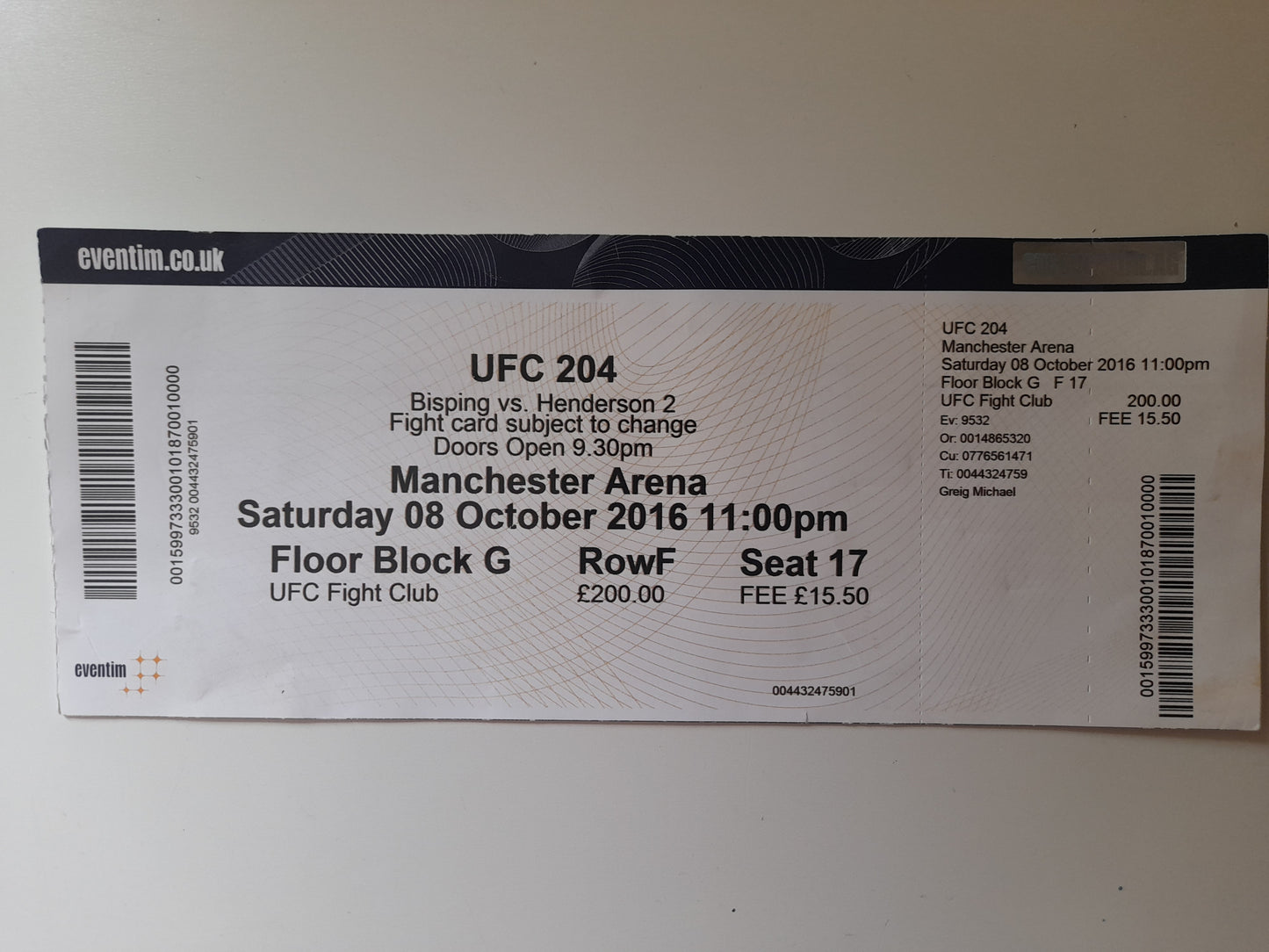 UFC 204 - Bisping Vs Henderson 2 - Official Event Ticket