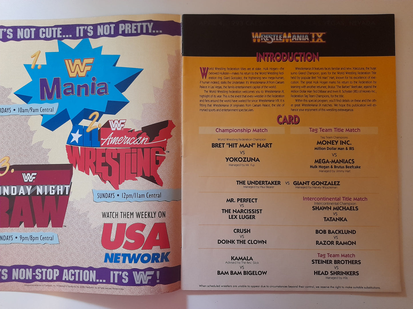 WWF Wrestlemania IX - Bret Hart Vs Yokozuna - Official Event Program