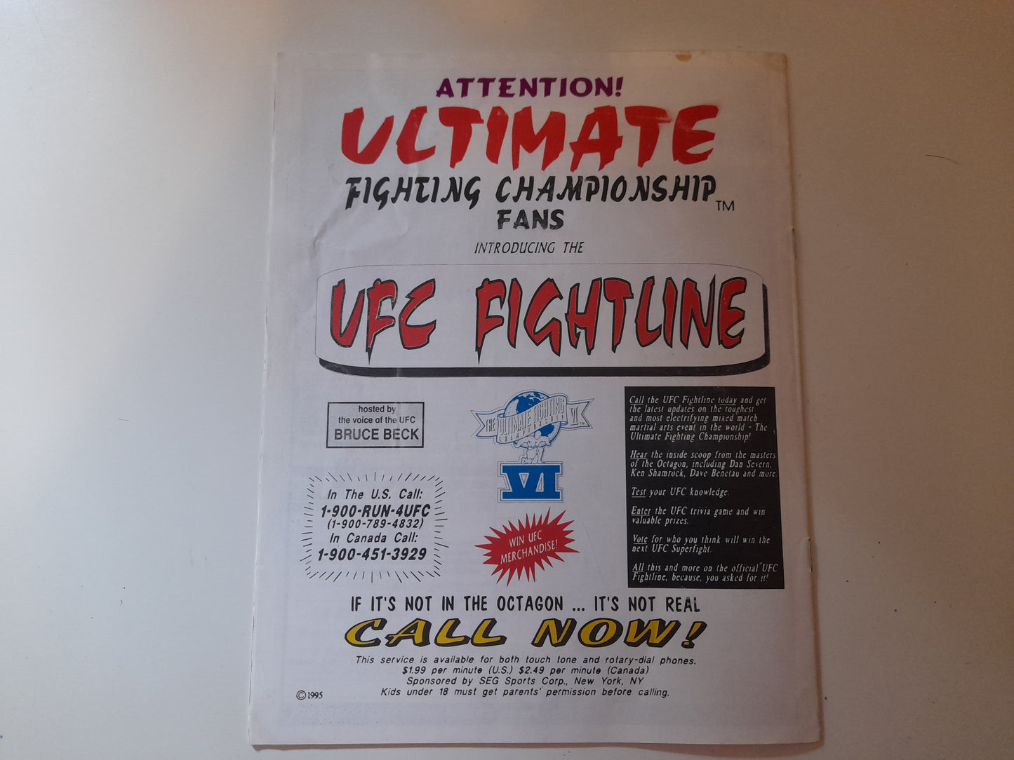 DEAL OF THE MONTH -- Now £349.99 !! - UFC 6 Official Event Program - Dan Severn vs Ken Shamrock (1995) - [Free Worldwide Shipping]