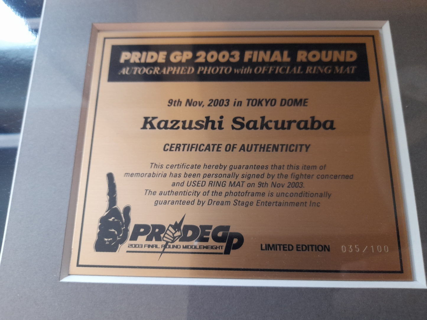 Pride FC 2003 Grand Prix Framed Ring Mat Canvas Piece with Signed Photo - Kazushi Sakuraba