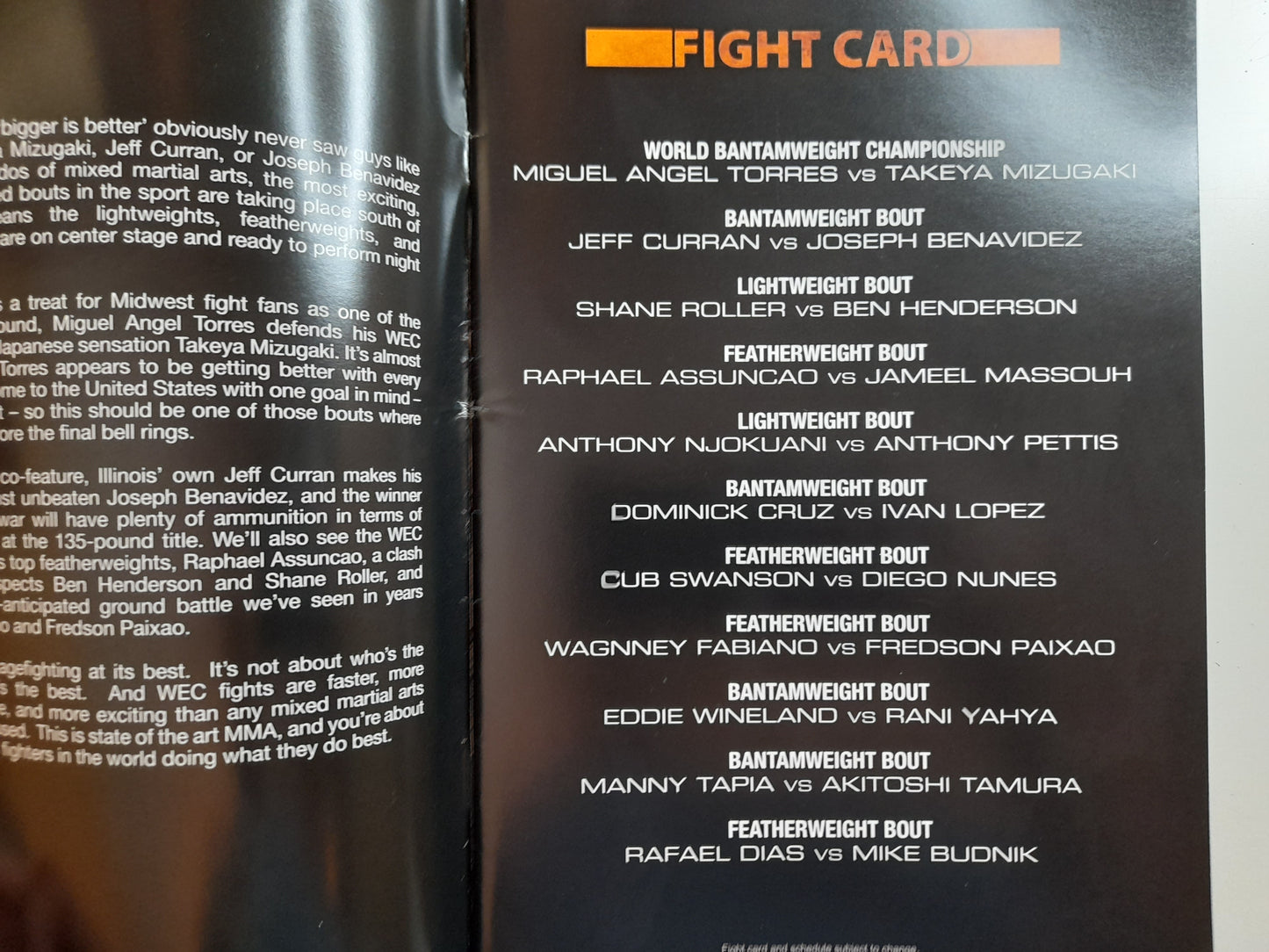 WEC World Extreme Cagefighting 40 - Torres Vs Mizugaki (2009) - Official Event Program