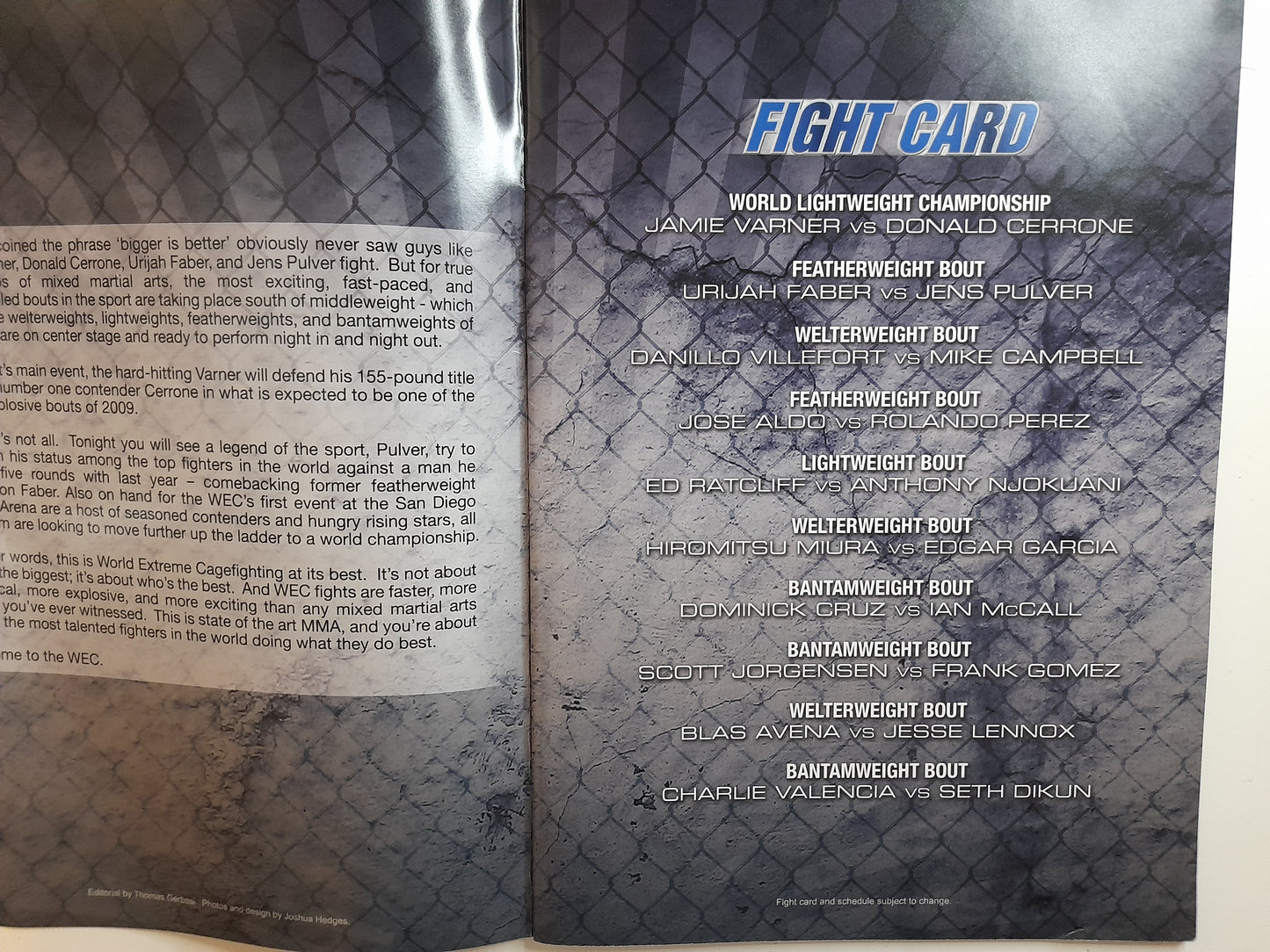 WEC World Extreme Cagefighting 38 - Varner Vs Cerrone (2009) - Official Event Program