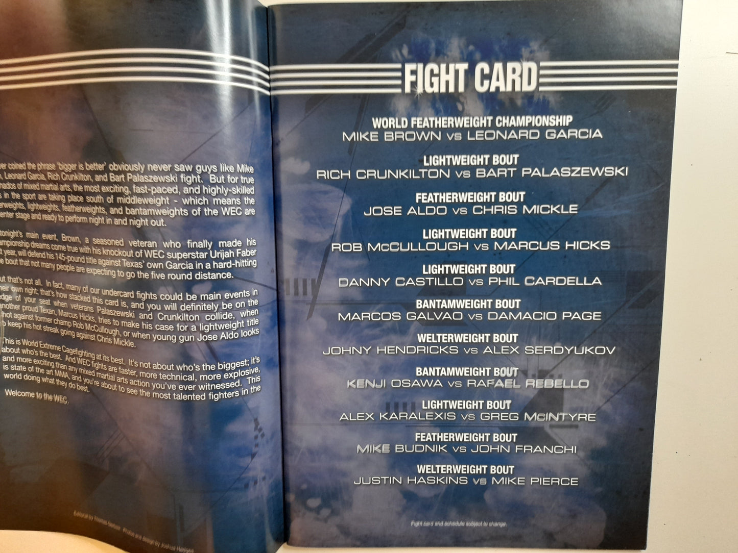 WEC World Extreme Cagefighting 39 - Brown Vs Garcia (2009) - Official Event Program