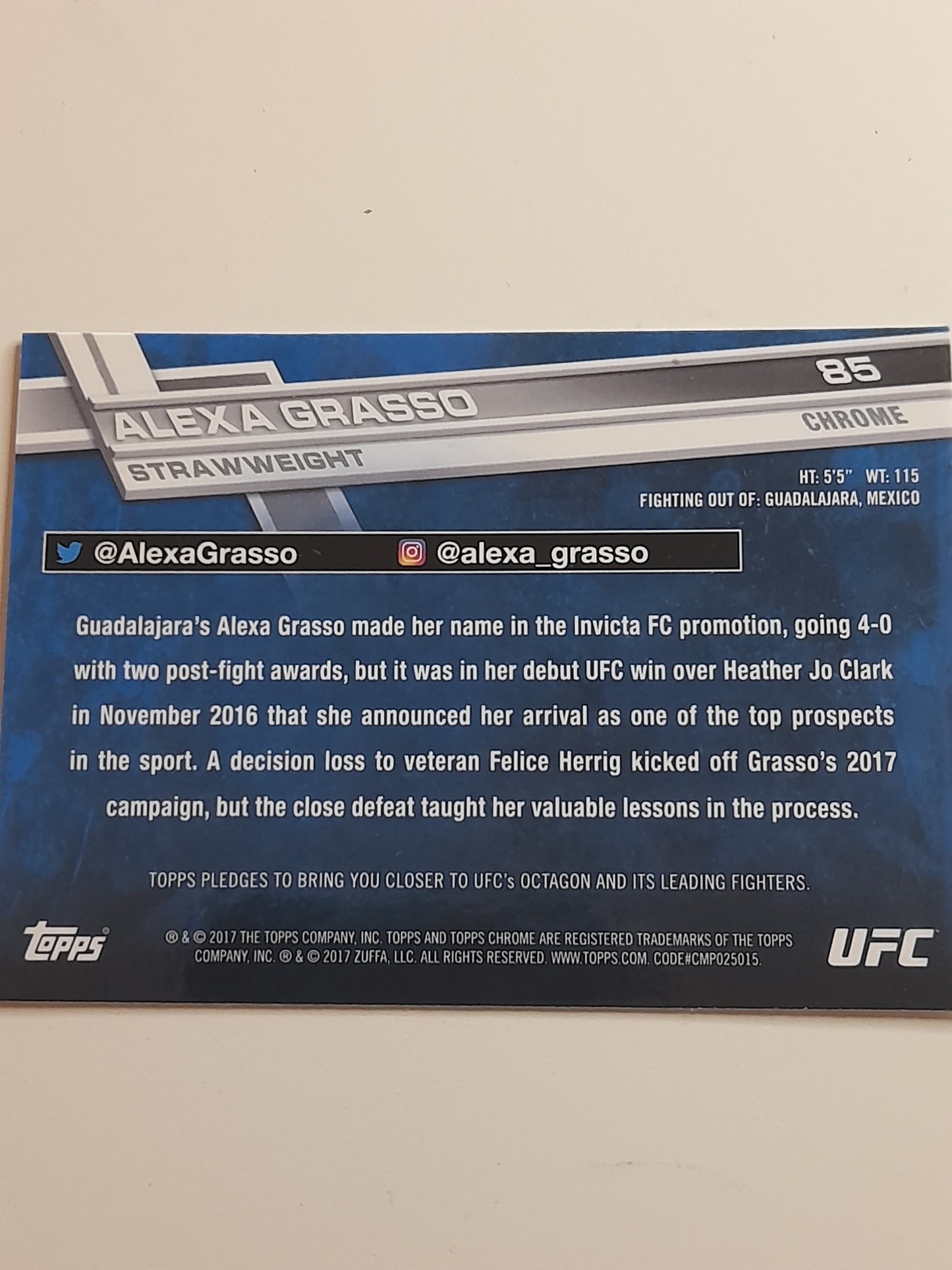 Alexa Grasso Hand Signed Rookie Card #85 - Official Topps 2017 UFC Chrome Trading Card [AUTOGRAPHED]