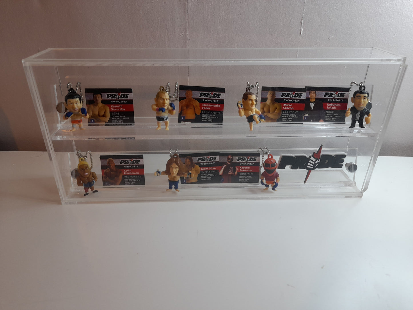 Complete Set of 7x Pride FC Mini Fighter Keychains with Clear Display Case & Logo