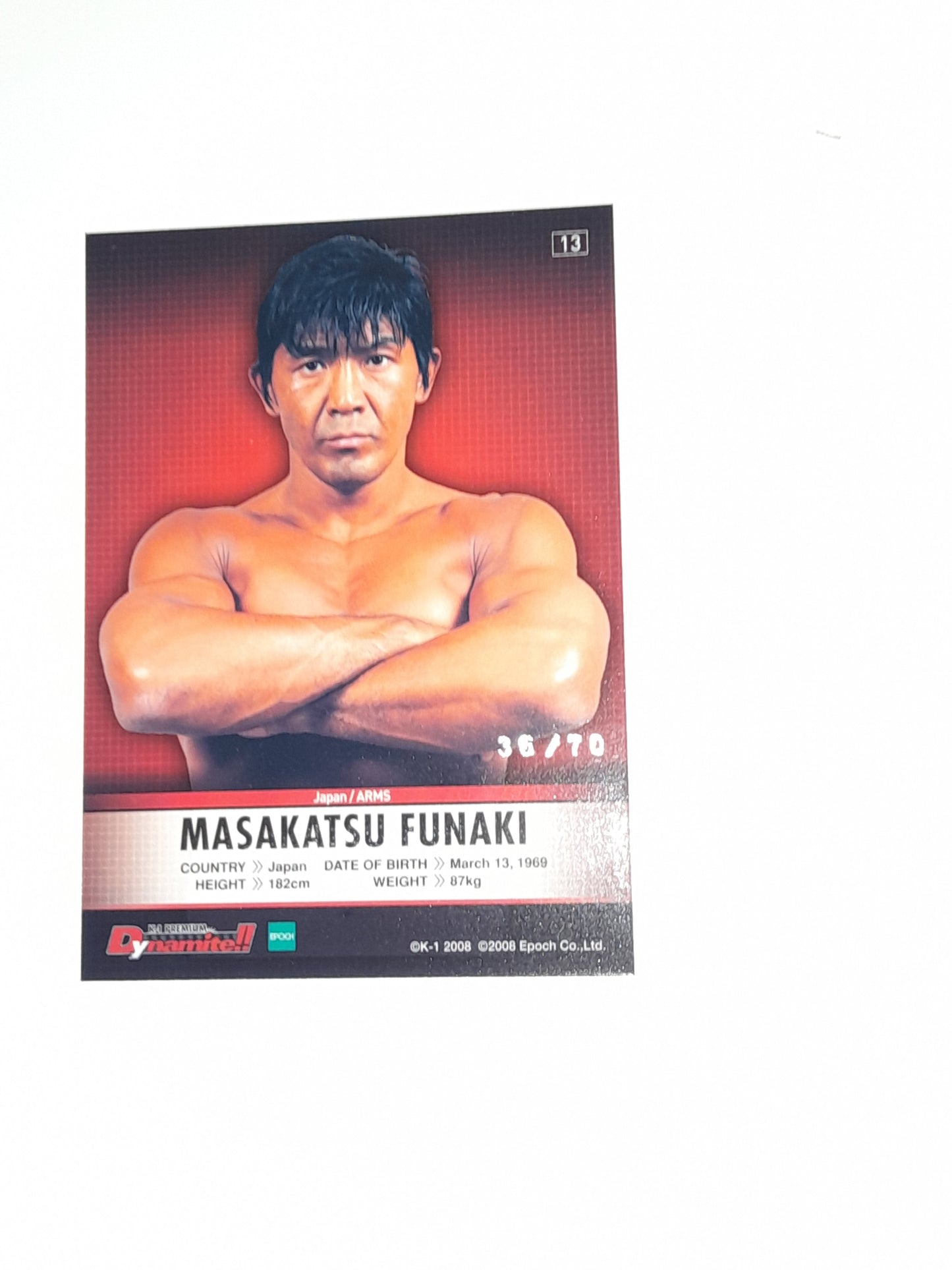 Masakatsu Funaki #13 - Silver Autograph Card #36/70 - Epoch K-1 Premium Dynamite!! 2008 Official Trading Cards